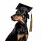 Doberman dog in a black academic cap, unusual cute portrait,