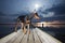 doberman on pier, moonlight path on water