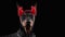 Doberman pinscher dog on a black background in red devil horns on his head. The dog looks closely at the camera and then