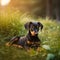 Doberman Pinscher puppy lying on the green meadow in summer green field. Portrait of a cute Doberman Pinscher pup lying on the