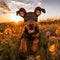 Doberman Pinscher puppy running through a field of wildflowers in the golden hour by AI generated