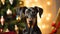 Doberman portrait on the background of a Christmas tree. Merry Christmas and Happy New Year concept