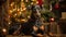 Doberman portrait on the background of a Christmas tree. Merry Christmas and Happy New Year concept