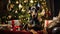 Doberman portrait on the background of a Christmas tree. Merry Christmas and Happy New Year concept