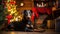 Doberman portrait on the background of a Christmas tree. Merry Christmas and Happy New Year concept