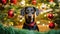 Doberman portrait on the background of a Christmas tree. Merry Christmas and Happy New Year concept