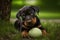 doberman puppy playing with ball in the park
