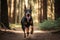 doberman running through forest with its tongue hanging out