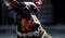 Doberman standing guard with a collar, close up, on the street.