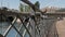 Dock barrier with pigeons with blurry background