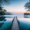 dock in the middle of of water with foggy sky in the background and trees in