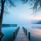 dock in the middle of of water with foggy sky in the background and trees in