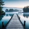 dock in the middle of of water with foggy sky in the background and trees in