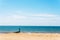 Dock pilings on a sandy beach, blue ocean and yellow sand, sunny