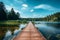 A dock with wooden path on a lake with green forest landscape. Beautiful summer nature background, calm blue water in the river