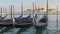 Docked Empty Gondolas on Wooden Mooring Piles, Venice, Italy.