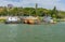 Docked ferry boat awaiting passengers to cross Danube river