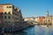 Docked gondolas and Rialto, Venice