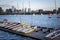 Docked sailing boats on a Charles River with view of Boston skyscrapers