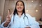 Doctor, black woman and peace sign in video call, hospital and smile with happiness, proud and medical job. Woman, nurse