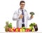 Doctor with broccoli pointing behind a table with fruit and vegetables