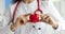 Doctor cardiologist holding red toy heart in clinic closeup 4k movie slow motion