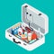 Doctor case first aid kit pill stethoscope flat isometric vector