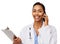 Doctor With Clipboard Answering Smart Phone