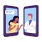 Doctor Consulting Woman Online, Mobile Chatting or Conversation of People via Smartphones, Text Bubbles on Screens of