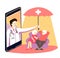 Doctor defends elderly people with umbrella from mobile phone. Vector concept for remote distant medical protection