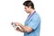 Doctor with digital tablet. Nurse man isolated
