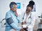 Doctor, elderly woman and surprise for blood pressure reading with wellness, advice and conversation. African medic