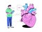 The Doctor examines the big Heart. Vector illustration in neobrutalism style. Cardiologist conducts research on the