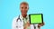 Doctor face, tablet and green screen isolated on studio background telehealth, insurance or medical presentation