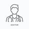 Doctor flat line icon. Vector outline illustration of male physician in coat with stethoscope. Medic specialist avatar