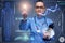The doctor in futuristic medical concept pressing button
