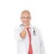 Doctor Gesturing Thumbs Up Sign Against White Background