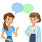 Doctor and girl patient. Woman talking to physician. Vector