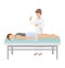 Doctor give shot to character patient on bed, vector illustration. Medical healthcare in cartoon hospital concept