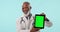 Doctor, green screen tablet and mature black man show cardiology news, medical announcement or hospital mockup space