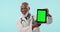 Doctor, green screen tablet and senior black man presentation of hospital news, medical web notification or mockup space