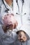 Doctor In Handcuffs Holding Piggy Bank Wearing Lab Coat, Stethoscope