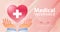 Doctor hands holding red heart with white cross. Healthcare, medical, and life insurance business concept banner