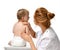 Doctor hands pediatrician therapist making massage to child infant baby feet. Health care and medicine concept