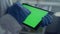 Doctor hands working chroma key tablet closeup touching screen with gloves