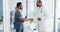 Doctor, handshake or nurse on tablet in hospital teamwork collaboration, medical research planning or surgery vision