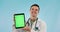 Doctor, healthcare and tablet green screen for clinic presentation and advice on blue background. Face of medical man or