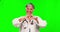 Doctor, heart and hands, old woman and green screen, healthcare support and cardiovascular surgeon on studio background