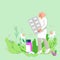 Doctor of herbal alternative medicine among plants and herbs, vector illustration