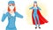 Doctor Hero in a Mask and a Red Cloak Stands. Flat cartoon style. Nurse woman - show love.